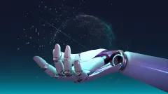 Technology and our world robot arm over world